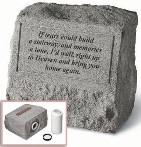 Cement memorial stone with poem and spot for note in bottom
